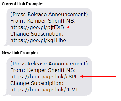 Screenshots of current text alert link example compared to new text alert link example